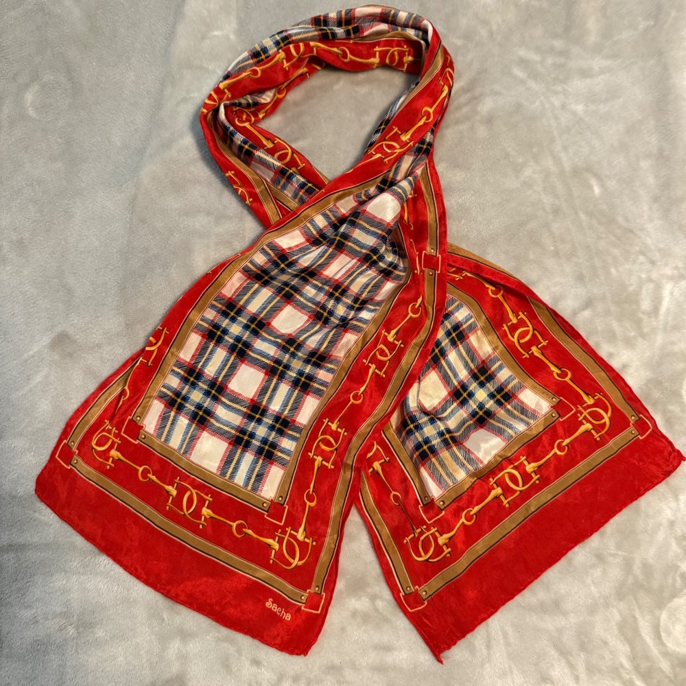 Sacha Silk Equestrian Scarf Red‎ Plaid Horse Bit Chain